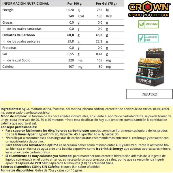 Crown sport nutrition Caixa De Géis De Energia Neutra Hyper 45 75g 10 Unidades - Imagem 2