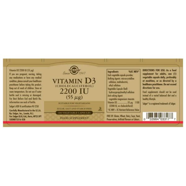Solgar Vitamin D3 2200Iu 55mcg 100 Unidades - Image 2